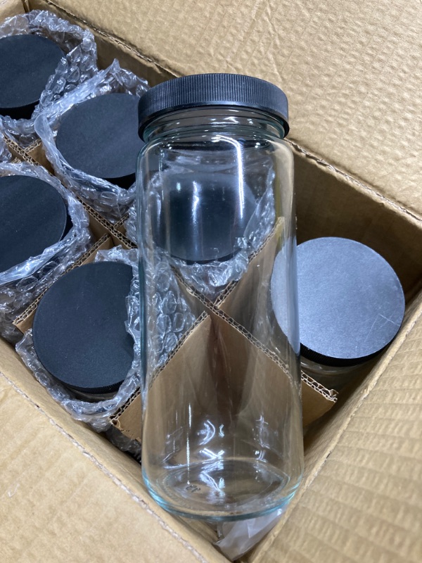 Photo 3 of [ 8 Pack ] Glass Juicing Bottles with 2 Straws & 2 Lids w Hole- 16 OZ Travel Drinking Jars, Water Cups with Black Airtight Lids, Reusable Tall Mason Jar for Juice, Boba, Smoothie, Tea, Kombucha Style-2-Black Lids