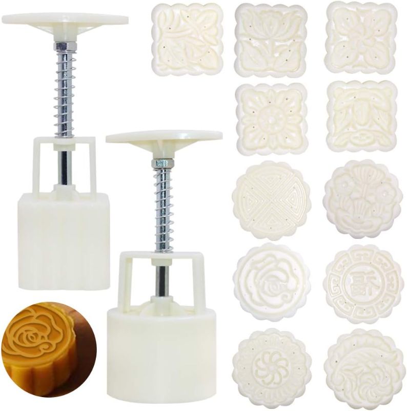 Photo 1 of 2 Sets Mooncake Mold Press with 11 Stamps, SENHAI Round Flower and Square Flower Decoration Tools for Baking DIY Cake Cookie Biscuit Desser