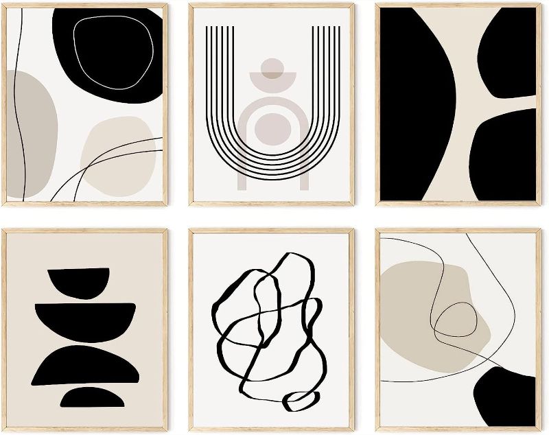 Photo 1 of Abstract Boho Wall Art Prints Set of 6, Minimalist Geometric Boho Wall Art Black Brown Beige Line Art Canvas Painting Pictures, Mid-Century Modern Prints Gallery Wall Posters for Bedroom Living Room
