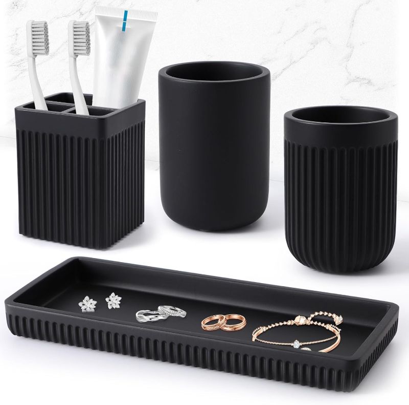 Photo 1 of  Resin Bathroom Toothbrush Holder Set, Matte Black 2 Toothbrush Cups Set with Tray, Bathroom Tumbler Cup Set, Tooth Brushing Cup Makeup Brushes Holder for Sink Vanity Countertop