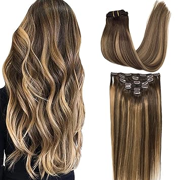 Photo 1 of GOO GOO Clip in Hair Extensions Real Human Hair, 14inch 60g 4Pcs, 4/27/4 Balayage Chocolate Brown to Caramel Blonde, Remy Human Hair Extensions Clip ins for Women, Natural Human Hair