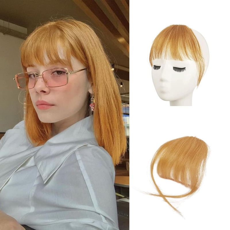 Photo 1 of Clip in Bangs, BARSDAR 100% Human Hair Bangs Extension Wispy Air Bangs with Temples Blonde Clip on Fringe Real Hair Bangs Dyeable for Women Girls Natural Color Daily Halloween (Dark Golden Blonde)