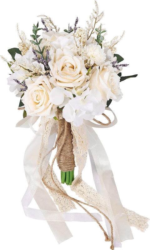 Photo 1 of CEWOR Wedding Bouquets for Bride Bridesmaid, White Champagne Artificial Roses Flowers Wedding Decoration (7.5in)