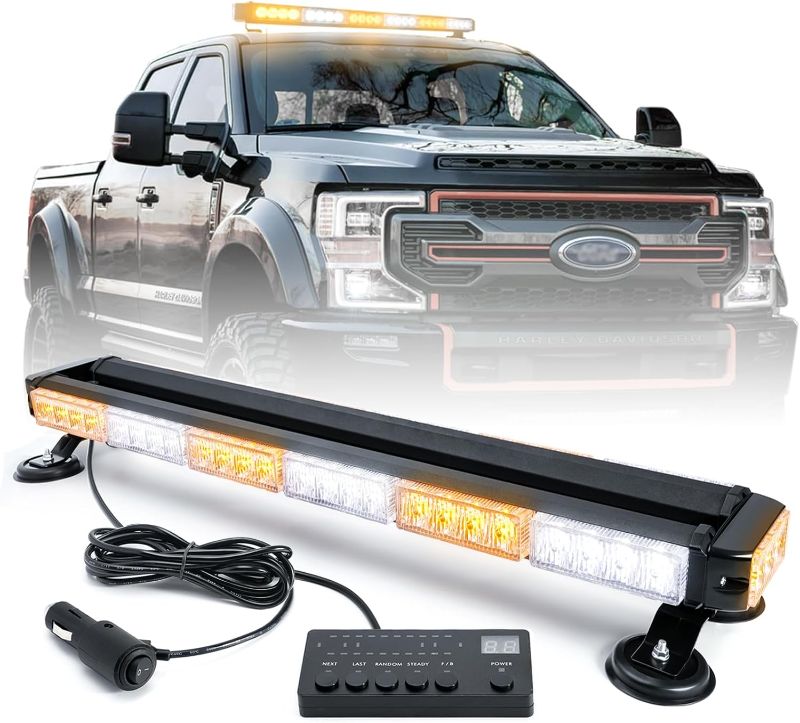 Photo 1 of ****WIRES CUT//SOLD AS PARTS**** 
BooYu 28.5" 54LED Rooftop Emergency Strobe Lights Safety Traffic Advisor Warning Hazard Flashing Light bar w/Digital Display Controller for Pickup Safety Construction Vehicles Tow Truck (Amber/White)