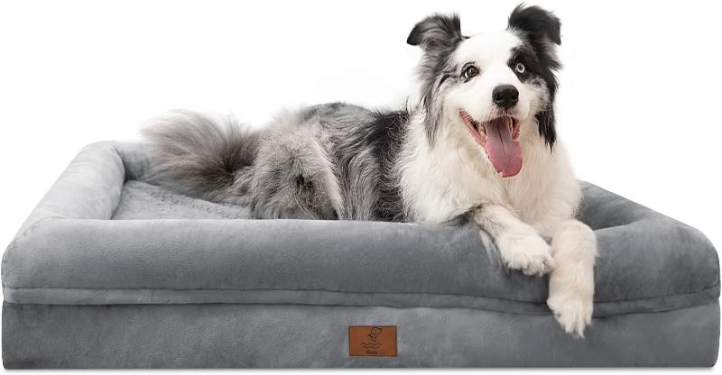 Photo 1 of Yiruka Large Dog Bed, Grey Orthopedic Dog Bed, Waterproof Dog Bed with Removable Cover, 4-Sides Removable Bolster Dog Soft Sofa Bed with Nonskid Bottom, Washable Dog Beds for Large Dogs
