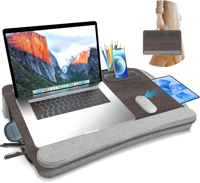 Photo 1 of Laptop Desk for Bed, Home Office Lap Desk Fits up to 17 Inches Laptop with Cushion, Storage Function, Wrist Rest, Easy to Carry Bed Desk for Laptop and Writing with Tablet & Phone Holder, Grey
