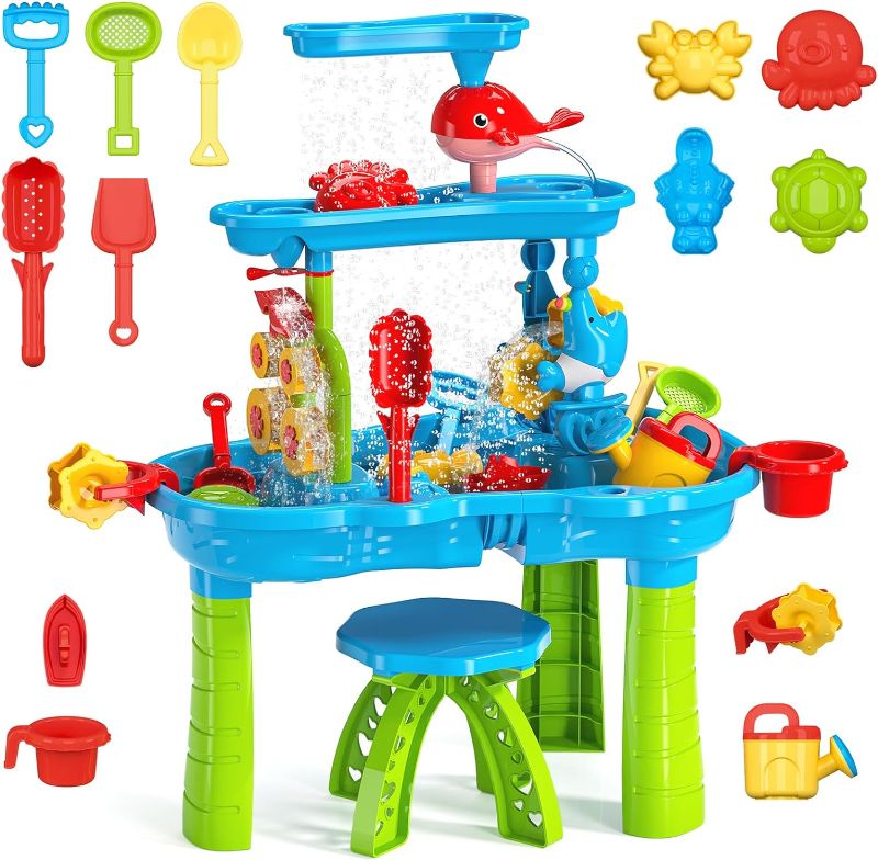 Photo 1 of deAO 3 Tier Sand Water Table Beach Summer Toys Sandbox Table Outdoor Activity Sensory Play Table with Dolphin Water Wheel, Molds,Sand Water Toys for Outdoor Backyard for Kids Boys Girls
