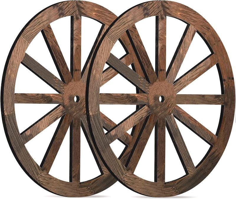 Photo 1 of 2 Pieces Wagon Wheel Decor Wooden Wagon Wheel Western Style Wall Hanging Old Wagon Wheels Vintage Rustic Wall Wood Cartwheel Decor Wood Decorative Garden Wagon Wheel for Bar Patio Garage (24 Inch)

