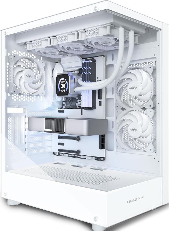 Photo 1 of MUSETEX PC CASE ATX 3 Non-LED Fans Pre-Installed, Type-C Mid Tower Computer Case with Full View Dual Tempered Glass, Gaming PC Case,White(K2)
