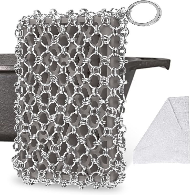 Photo 1 of Cast Iron Skillet Cleaner - Large Chainmail Scrubber Cast Iron Sponge, Cast Iron Pan Cleaner Chain Mail Scrubber, Cast Iron Scrubber Cast Iron Cleaning Chain Scrubber for Dutch Oven, Carbon Steel Pan
