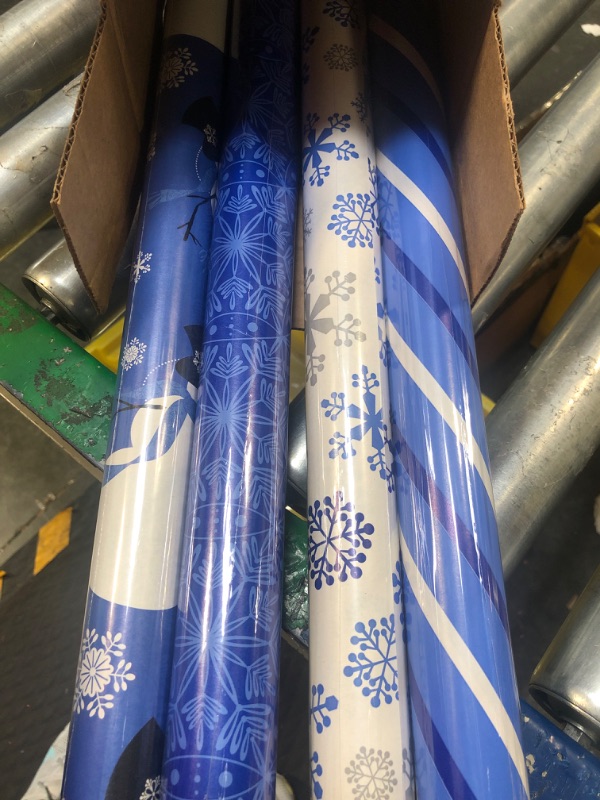 Photo 2 of Image Arts Blue Christmas Wrapping Paper with Cut Lines on Reverse (4 Rolls: 120 sq. ft. ttl) Snowmen, Snowflakes, Blue and White Stripes Blue Holiday