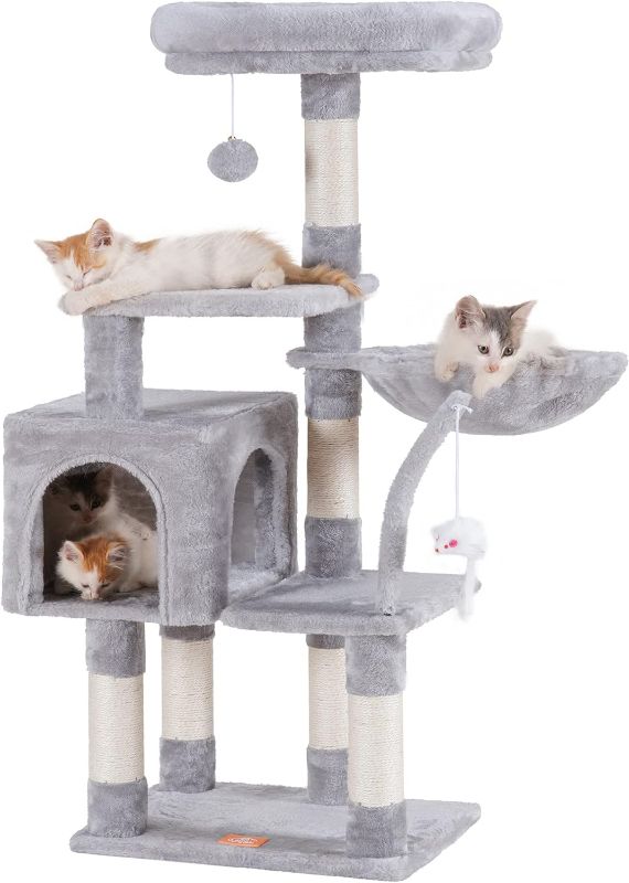 Photo 1 of Heybly Cat Tree with Toy, Cat Tower condo for Indoor Cats, Cat House with Padded Plush Perch, Cozy Hammock and Sisal Scratching Posts, Light Gray HCT004SW