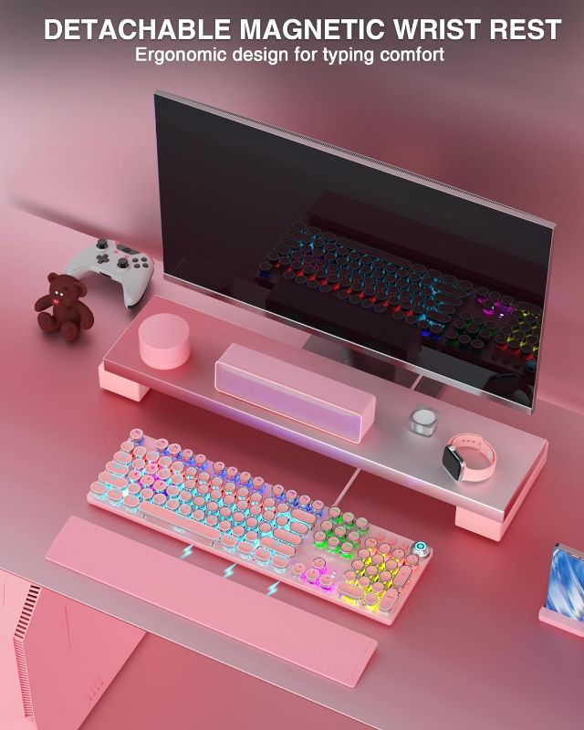 Photo 1 of AULA F2088 Typewriter Style Mechanical Gaming Keyboard,Rainbow LED Backlit,Removable Wrist Rest,Media Control Knob,Retro Punk Round Keycaps,USB Wired Computer Keyboard,Pink