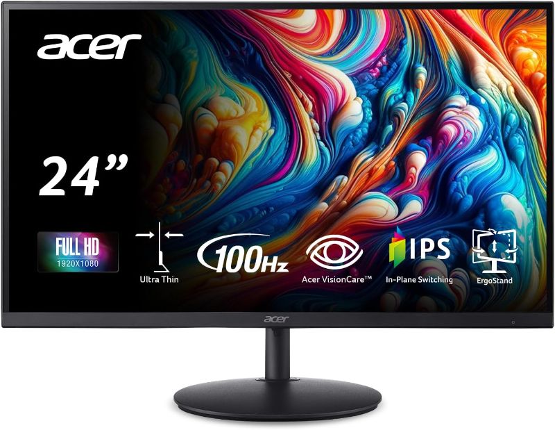 Photo 1 of Acer SH242Y Ebmihx 23.8" FHD 1920x1080 Home Office Ultra-Thin IPS Computer Monitor AMD FreeSync 100Hz Zero Frame Height/Swivel/Tilt Adjustable Stand Built-in Speakers HDMI 1.4 & VGA Port