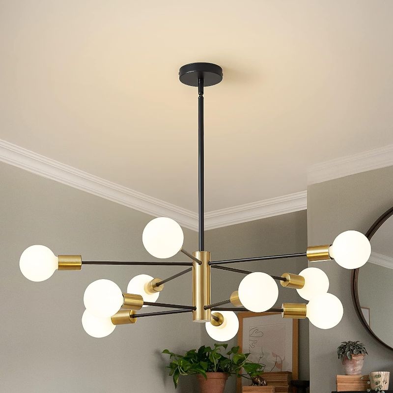 Photo 4 of **PARTS ONLY**KAISITE Modern Chandelier 10-Light Sputnik Chandelier Ceiling Light Fixture Dining Room Chandelier Over Table Height Adjustable Black and Gold Mid Century Pendant Lighting for Kitchen Living Room