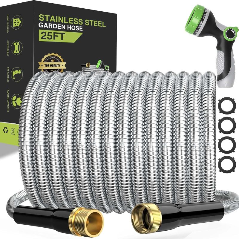 Photo 1 of 50ft Metal Garden Hose, Heavy Duty Stainless Steel Water Hose with 10-Function Spray Nozzle, 3/4" Fittings, Kink-Free Water Pipe, Sturdy and Leak Proof Metal Hose for Yard Outdoor.
