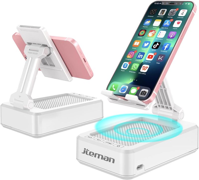 Photo 1 of JTEMAN Portable Phone Stand with Speaker Bluetooth Wireless,Gifts for Men Women,Birthday for Women Men,Kitchen Gadgets for Men,Phone Holder for Desk - White

