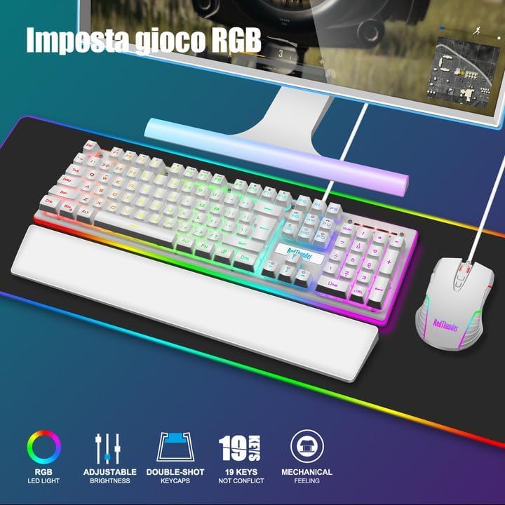 Photo 1 of RedThunder K10 Wired Gaming Keyboard and Mouse and Wrist Rest Combo, RGB Backlit, Mechanical Feel Anti-ghosting Keyboard + 7D 7200 DPI Mice+Soft Leather Wrist Rest 3 in 1 PC Gamer Accessories(White)