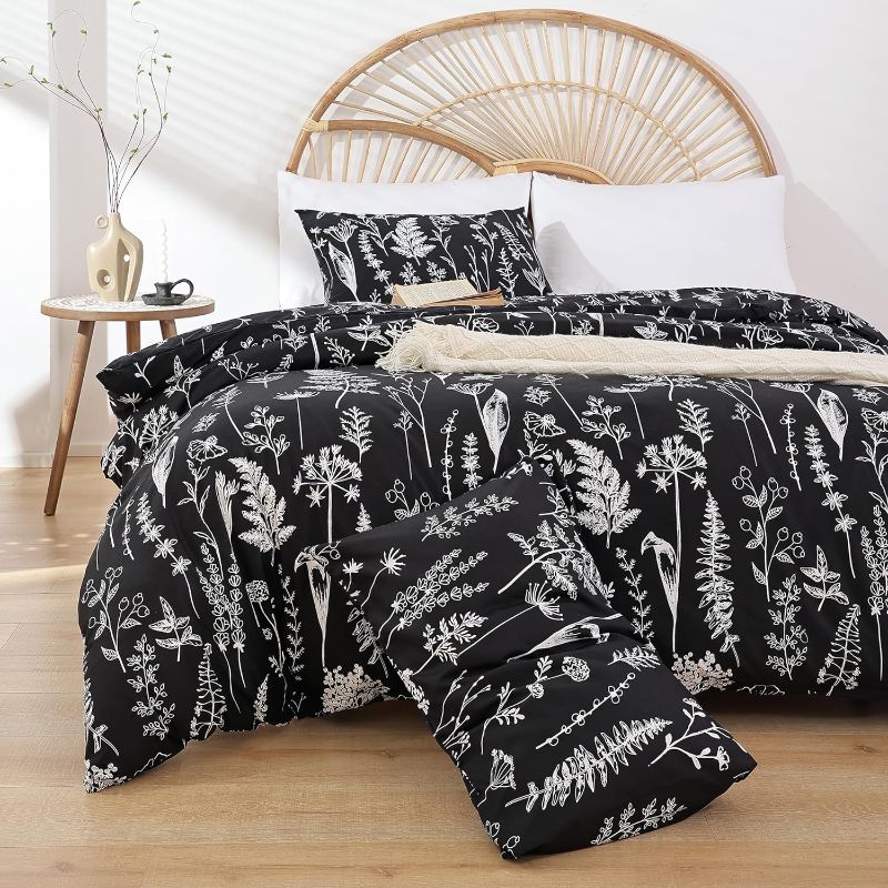 Photo 4 of  3 Pieces Queen Duvet Cover, Black Duvet Cover with White Plant Floral Duvet Cover Microfiber Soft Queen Bedding Set with Zipper Closure & 2 Pillow Cases