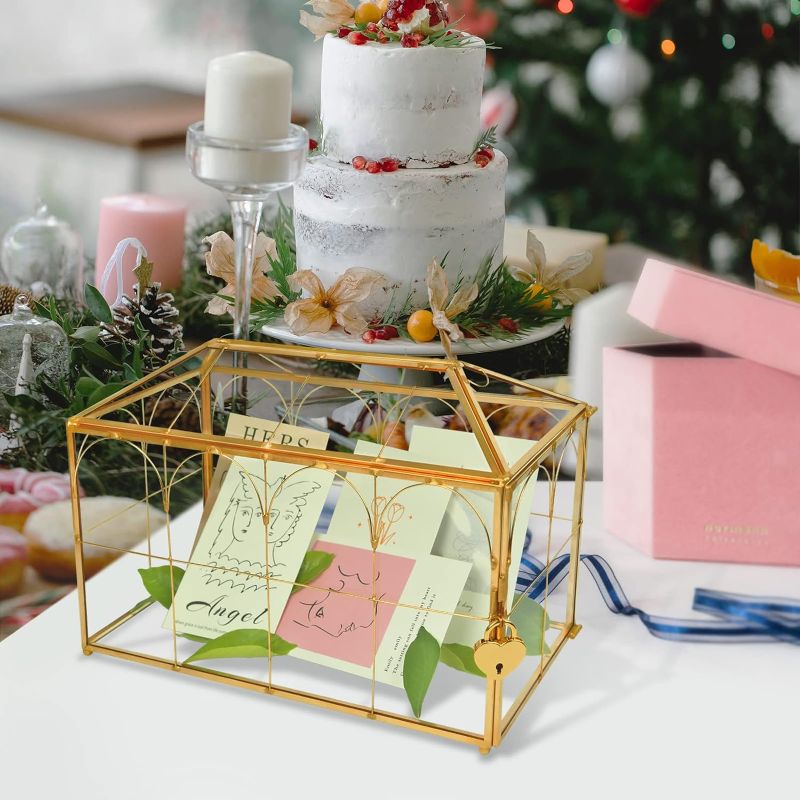 Photo 1 of 10x5.9x9.0inch Wedding Gold Glass Card Box with Lock and Slot - Wedding Envelope Card Holder for Reception Handmade Gold Decorative Box, Party Centerpiece Gift Card Box Handmade Wedding Card Box