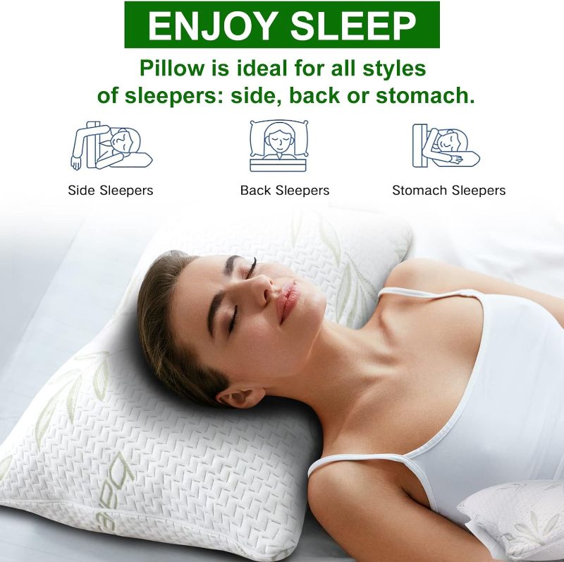 Photo 3 of  Bamboo Pillow for Sleeping, Shredded Memory Foam Pillow Standard Size  Adjustable Cooling Bed Pillow for Side Back Stomach Sleeper with A Washable 