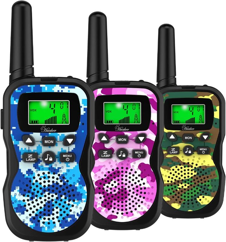 Photo 1 of Huaker Kids Walkie Talkies,3 Pack 22 Channels 2 Way Radio Toy with Flashlight and LCD Screen,3 Miles Range Walkie Talkies for Kids Outside Adventures, Camping, Hiking
