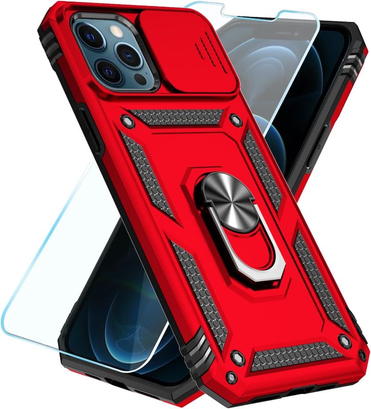Photo 1 of AUPAI for iPhone 14 Pro Max Case with Slide Camera Cover and Screen Protector, Heavy Duty Military Grade Protective Phone Case with Kickstand for Apple iPhone 14 Pro Max Red