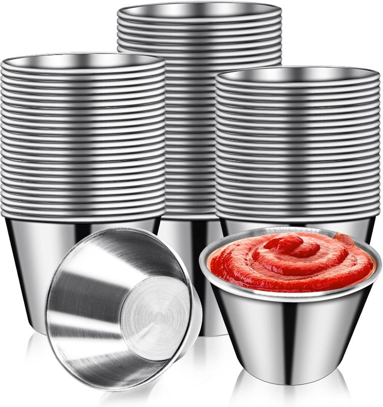 Photo 1 of 50 Pcs Metal Sauce Cups 2.5oz Ramekins, Stainless Steel Dipping Sauce Cups Metal Condiment Container Reusable Round Butter Dressing Sauce Cups Restaurant Small Bowls
