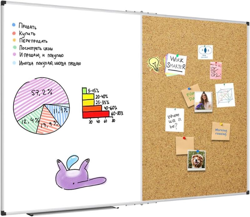 Photo 1 of  47 x 36 Inch Magnetic Whiteboard and Cork Combo Board, Wall Mounted Half Dry Erase Board & Cork Board Combination, Black Aluminum Frame