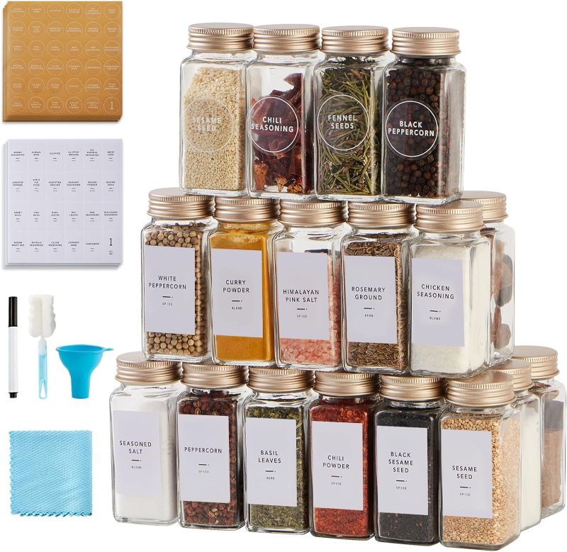 Photo 1 of  24Pcs Spice Jars with Label- Glass Spice Jars with Gold Metal Caps,Shaker Lids, Funnel, Chalk Pen, Brush,Cleaning Cloth,Skiileor 4oz Seasoning Containers Bottles for Spice Rack, Cabinet, Drawer