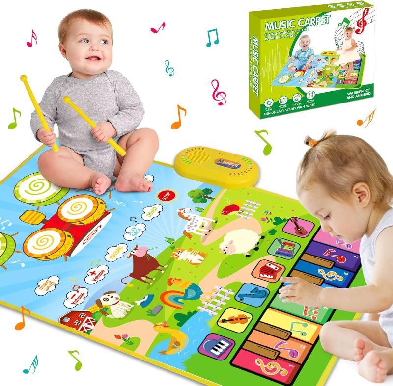 Photo 1 of 3 in 1 Musical Mat for Toddlers 1-3, Piano Mat & Drum Mat with 2 Sticks, Early Educational Learning Toys for 12-18 Months Baby, Animal Touch Play Blanket Birthday Gifts for 1 2 3 Year Old Boys Girls