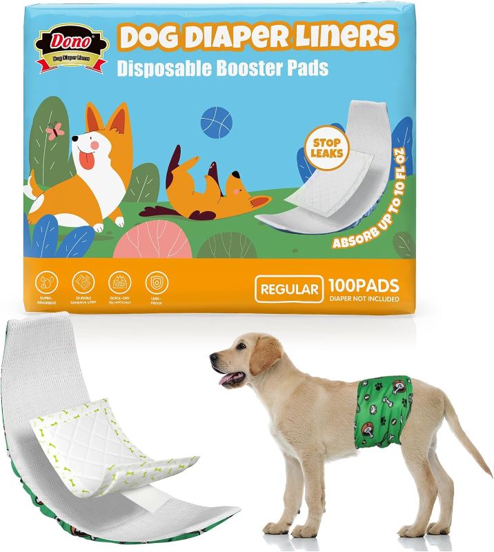 Photo 1 of 
Dono Dog Diaper Liners for Male and Female Dogs, Super Absorbent Dog Booster Pads, 100ct Disposable Doggie Diaper Inserts fit Reusable Male Belly Bands, Wraps, Washable Period Panties (Regular)