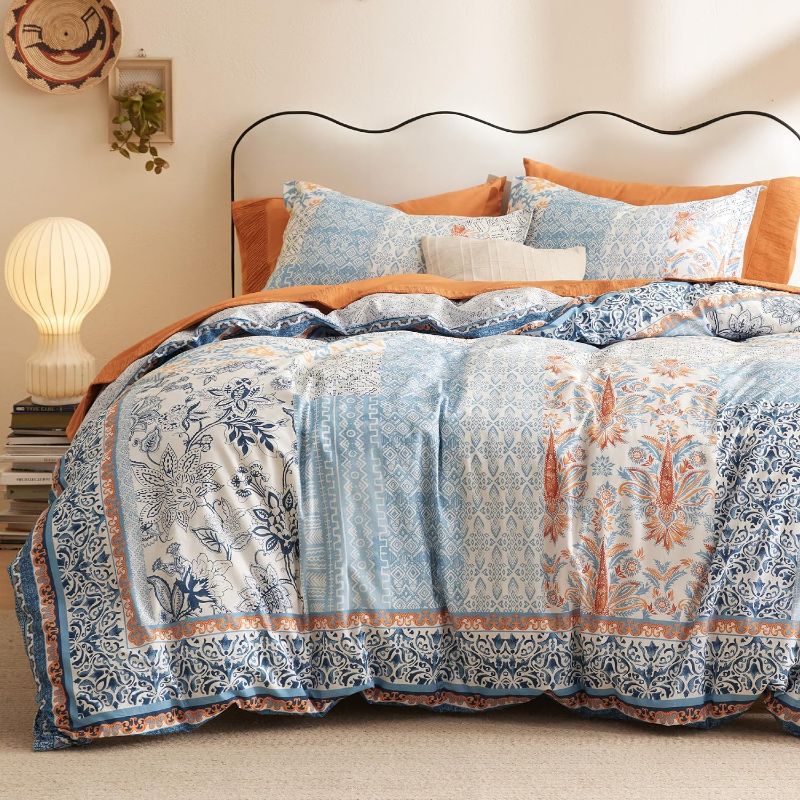 Photo 1 of ***MISSING PARTS****
 Cotton Duvet Cover Queen Size - 100% Cotton Reversible Bohemian Blue Duvet Cover Set with Zipper, Paisley Patterned Bedding Comforter Cover, 1 Duvet Cover 90"x90" and 2 Pillow Shams 20"x26"