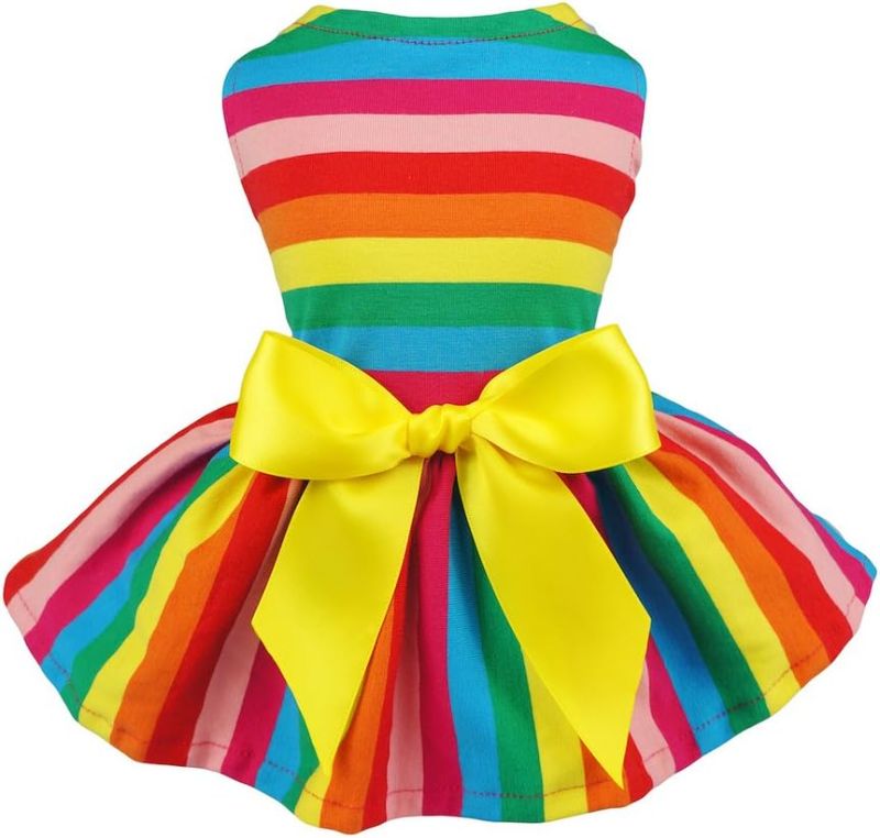 Photo 1 of Fitwarm Rainbow Striped Dog Dress, Summer Dog Clothes for Small Dogs Girl, Pet Cat Outfit, 100% Breathable Cotton, Red Yellow Blue, Medium
