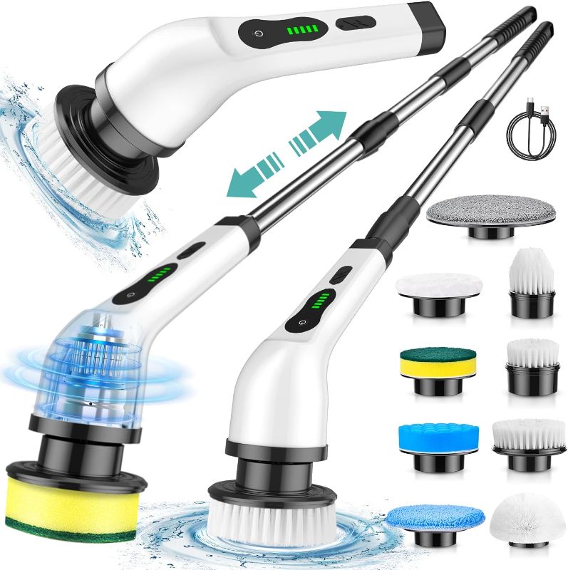 Photo 1 of Electric Spin Scrubber, Cordless Cleaning Brush 1.5H Power Dual Speed, IPX7 Waterproof with 9 Replaceable Brush Heads White-a