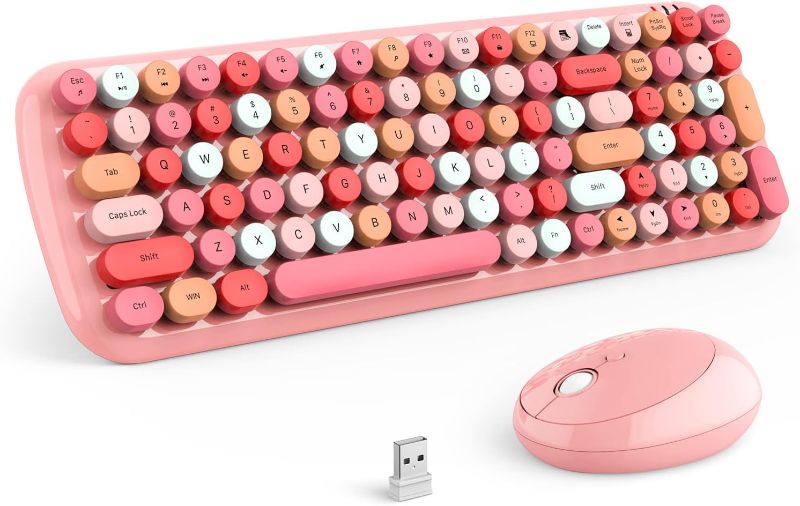 Photo 1 of GEEZER Wireless Keyboard and Mouse Combo, Colorful Round Keys Retro Typewriter Keyboard, Cute Wireless Mouse for PC, Laptop, Desktop, Windows (Pink)