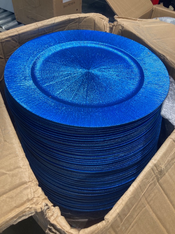 Photo 2 of "COLOR BLUE" 100 Pcs Charger Plates Bulk, 13 Inch Round Charger Plates Plastic Wedding Dinner Elegant Reusable Chargers Plates for Table Setting Wedding Party Event Tabletop Setting Decor (Black) 100 BLUE