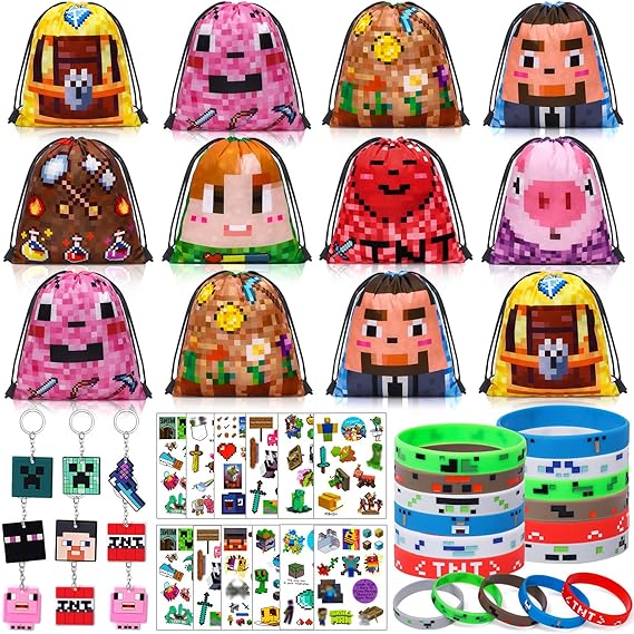 Photo 1 of SNLN Pixel Party Favors Birthday Supplies for Boys Kids, Pixel Drawstring Bags Silicone Bracelets Keychains Tattoo Stickers Pinata Filler Goodie Bag Stuffers, Miner Theme Pixel Birthday Party Supplies