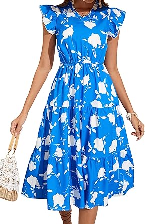 Photo 1 of SOLY HUX Summer Dresses for Women Floral Print V Neck Cap Sleeve A Line Ruffle Hem Midi Dress /M