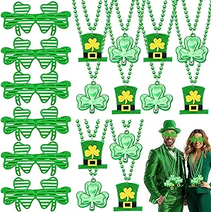 Photo 1 of 18 Pcs St Patricks Day Accessories Party Favors Set Decorations for Women Man Kids 6 Shamrock Glasses 6 Shamrock Necklaces for St. Patrick Irish Green Party Supplies Decor Accessories Dressing up 