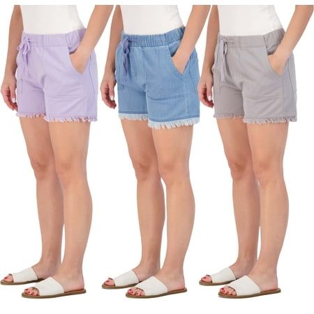 Photo 1 of Real Essentials 3 Pack: Women S Denim Cutoff Casual Khaki 3.5 Inseam Shorts - Drawstring (Available in Plus Size) / L
