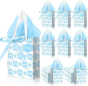 Photo 1 of Jetec 50 Pcs Baby Shower Gifts Bag with Tissue Papers Baby Shower Bag with Handle 50 Sheets Decorative Tissue Paper for Guests Gifts Gender Reveal Baby Shower Favors(Blue, Oh, Baby) 