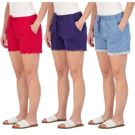 Photo 1 of Real Essentials 3 Pack: Women's Twill Cutoff Casual Khaki 3.5" Inseam Shorts - Drawstring (Available in Plus Size) Standard Small Set 2 /L