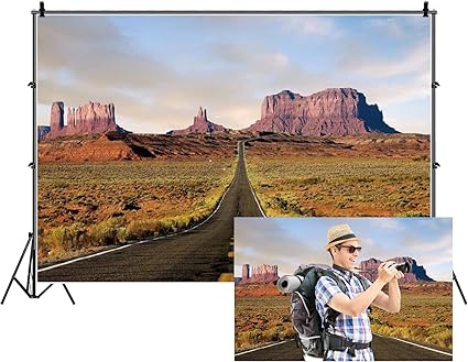 Photo 1 of Baocicco 15x10ft Highway Backdrop American Monument Valley Runway Desolate View Blue Sky Clouds Photography Background West Road Trip Road Racing Competition Autumn Highway Party Photo Booth Studio 