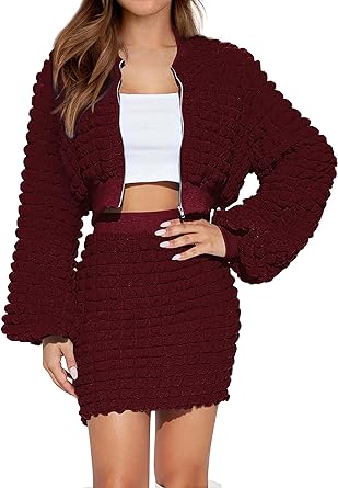 Photo 1 of MASCOMODA 2 Piece Outfits for Women 2023 Fall Long Sleeve Full Zip Cropped Jacket and Bodycon Mini Dress Set /S