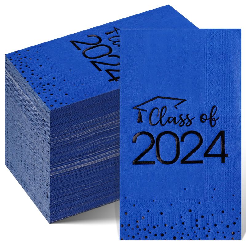 Photo 1 of 100pcs Class of 2024 Graduation Napkins, Disposable Congrats Grad Cocktail Napkins Foil Dot Paper Hand Towels for 2024 High School University College Graduation Party Decorations(Blue Black? Blue Black 100pcs