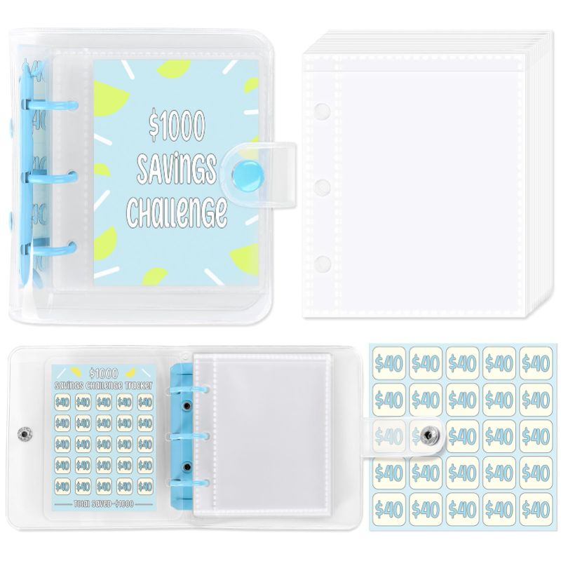 Photo 1 of SKYDUE 1000 Savings Challenge Binder, A8 Mini Money Saving Binder with Laminated Tracker Sheet & Stickers, Savings Challenges Book with Envelopes A8blue $1000savings A8 $1000 Savings Challenge