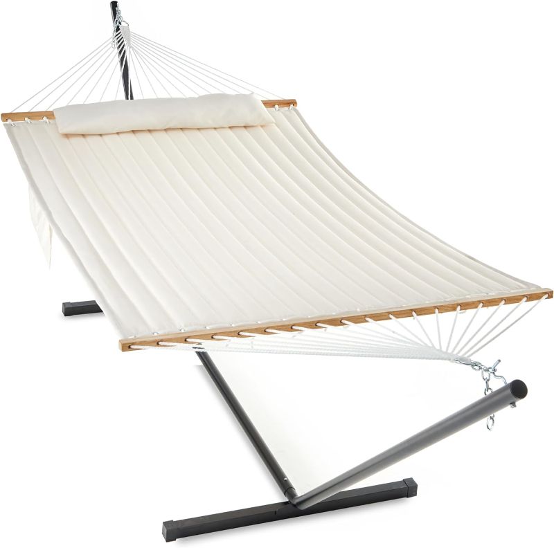 Photo 1 of 2 Person Hammock with Stand for Outside, 12ft Heavy Duty Steel Stand, Double Quilted Hammocks, Extra Large Removable Pillow, Side Pockets, Outdoor & Indoor, Max 475 lbs Capacity (Beige)