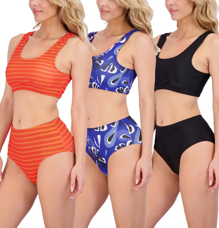 Photo 1 of Real Essentials 3 Pack: Womens 2-Piece Bikini Modest Teen Adult Athletic Beach Swimsuit Tankini - Available in Plus Size Standard XXL Set 5