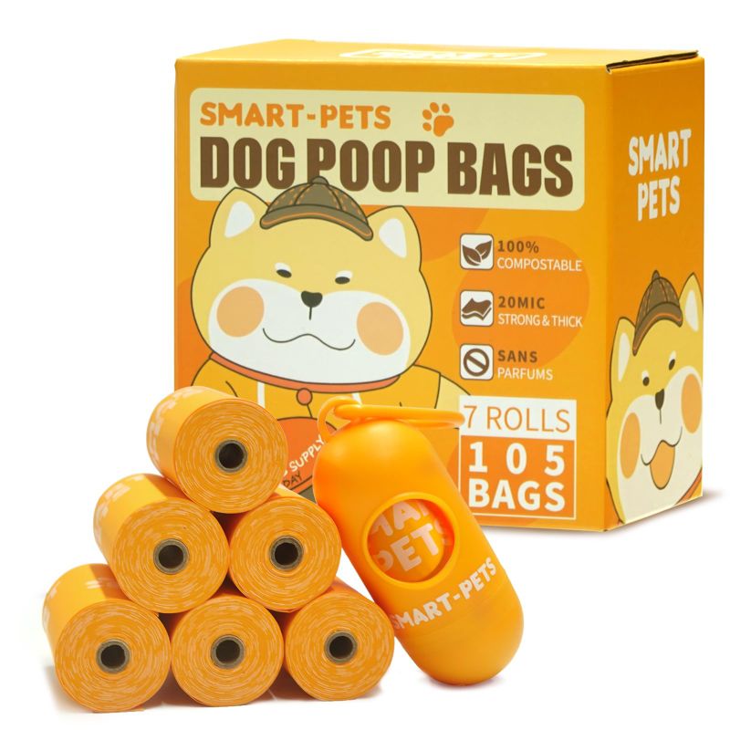 Photo 1 of 100% Certified Home Compostable Dog Poop Bags - EN 13432 Compliant Dog Waste Bags -105 Bags- 7 x Rolls of Plant Based Compostable Poop Bags -Includes A Dispenser-Thick Doggie Poop Bags?Orange?